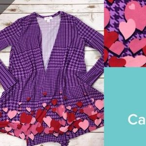 Lularoe Caroline cardigan pockets purple houndstooth pink hearts L NWT valentine